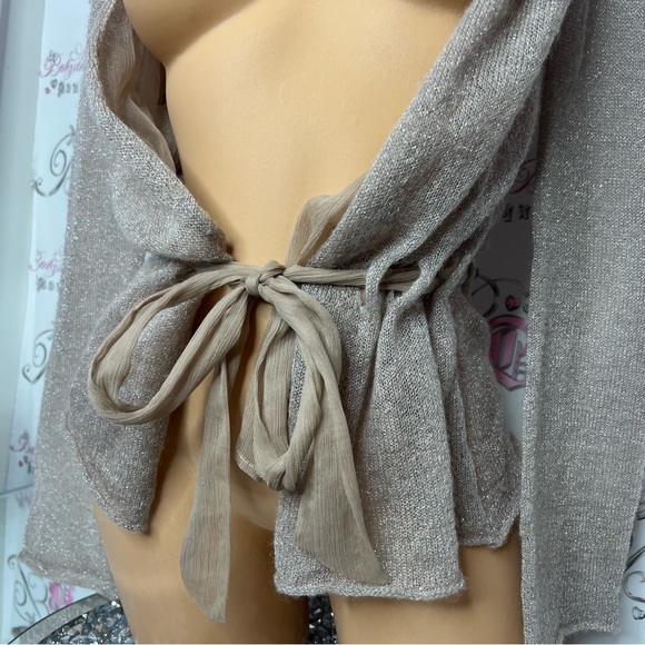 Nougat London sparkly cardigan tie up bow belt beige taupe glitter shimmer top - Picture 8 of 8